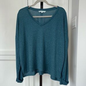 Cleo Petites Women’s Teal V-Neck Knit Sweater Dolman Cuffed Sleeves Size XL